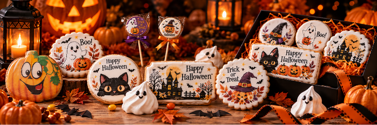 Halloween cookies with pumpkin, cat and haunted-house designs, beside ghost meringues
