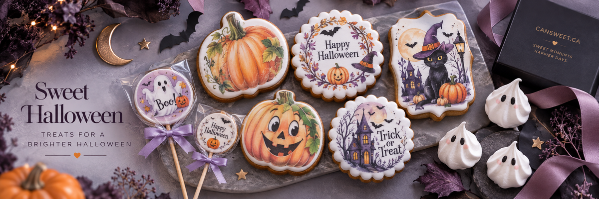 CanSweet Halloween printed cookies, lollipops and ghost meringues