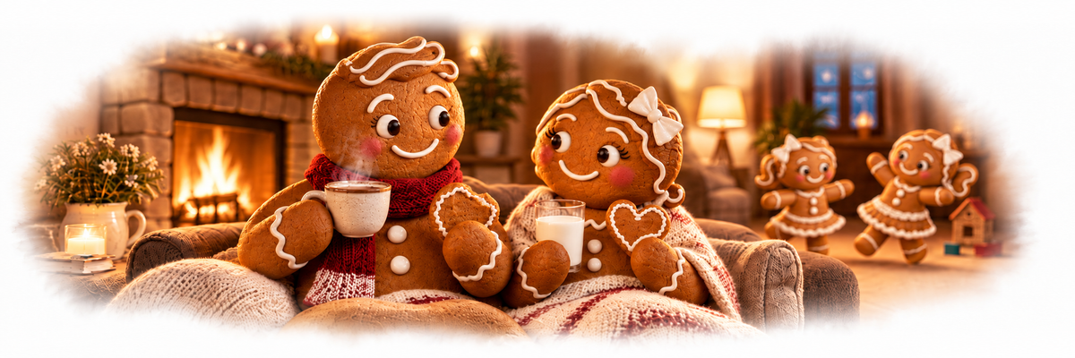 Illustrated cookie family relaxing together by a fireplace