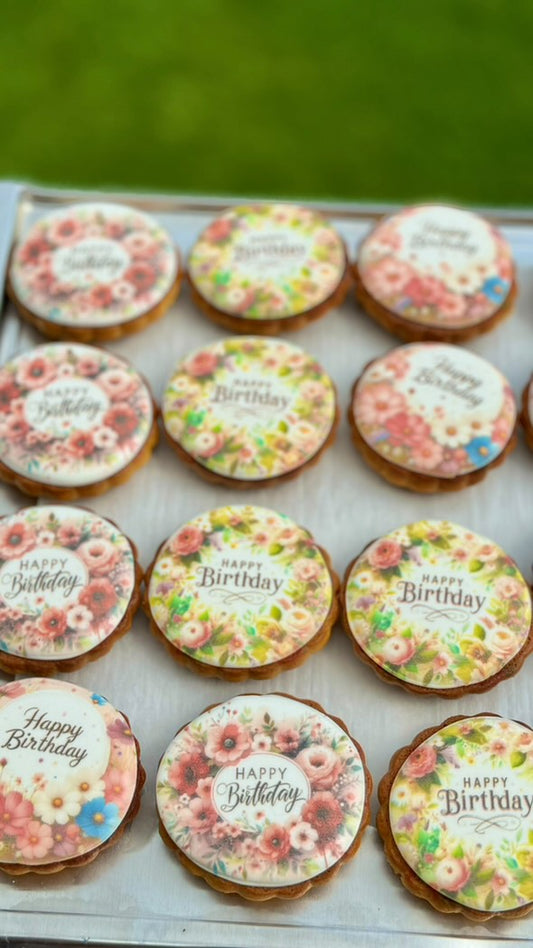TEST sample: round printed birthday cookies with floral Happy Birthday design