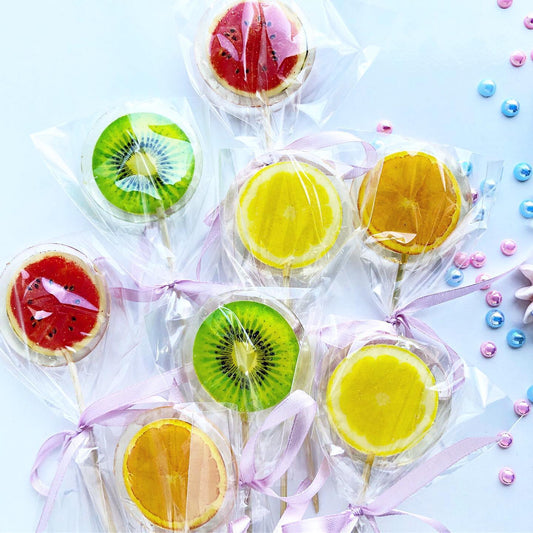 TEST sample: printed round lollipops with colourful fruit designs