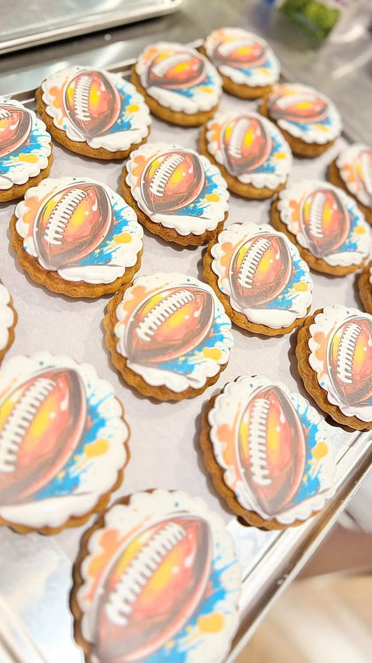 TEST sample: scalloped printed cookies with American football design