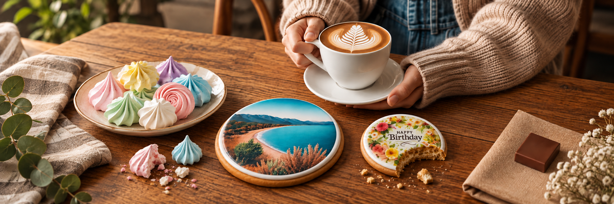 CanSweet printed cookies with a coastal photograph and birthday design, beside colourful meringues